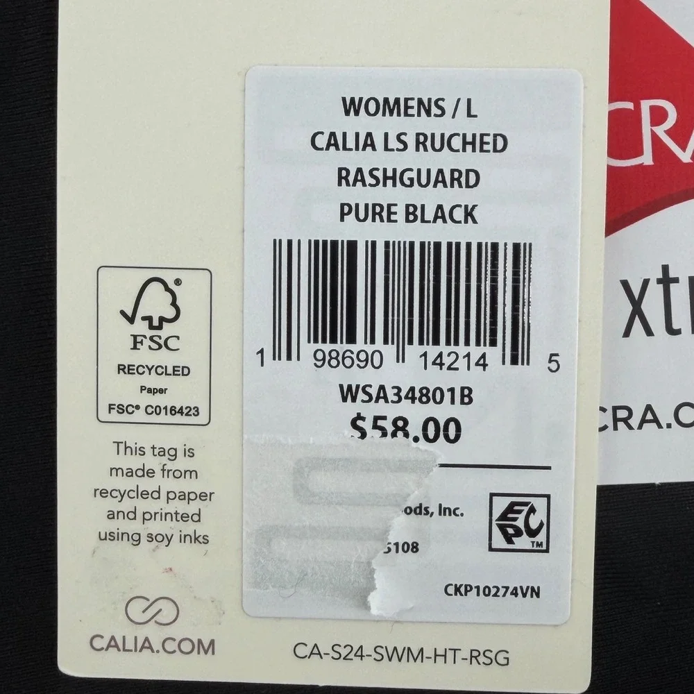 CALIA Womens L Ruched Long Sleeve Rash Guard Pure‎ Black UPF 50+ WSA34801B NWT